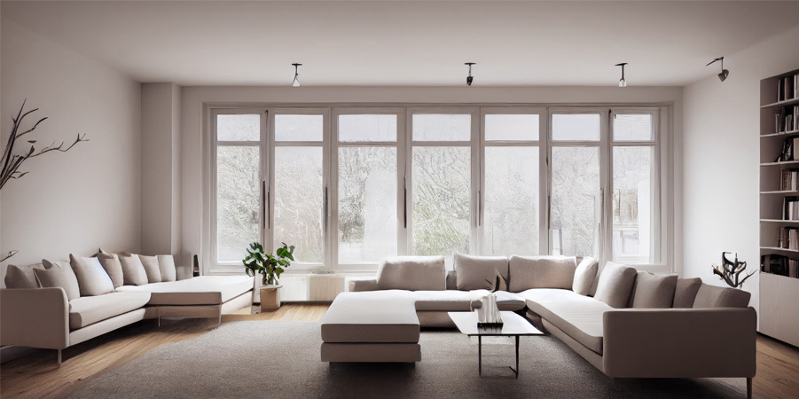Scandinavian living room with large windows